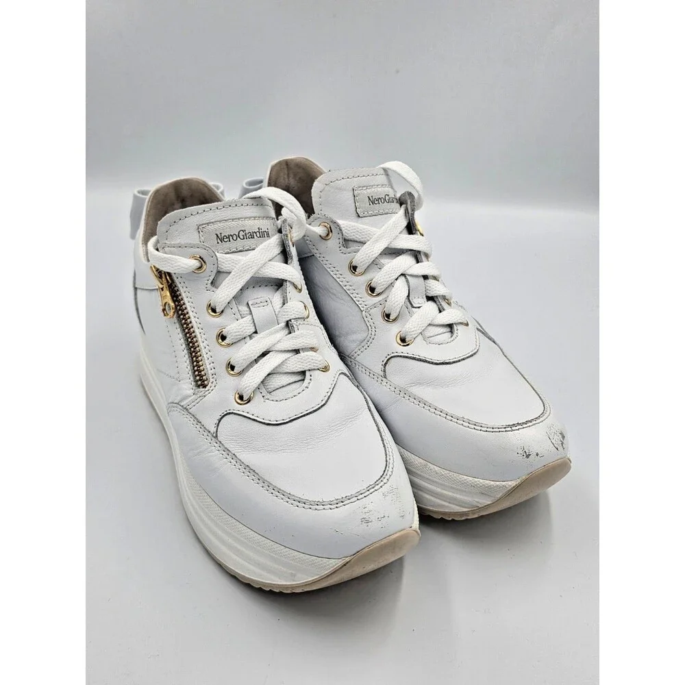 NeroGiardini Women’s Size 6 White Vegan Leather Sneakers Gold Zipper Bow Italy